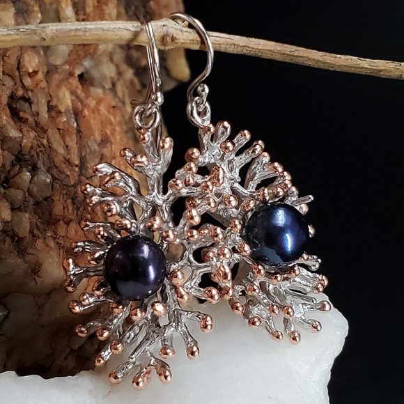 Sterling 925 Silver 14K Gold Unique Designer Earrings Genuine Black Pearls - Picture 5 of 10